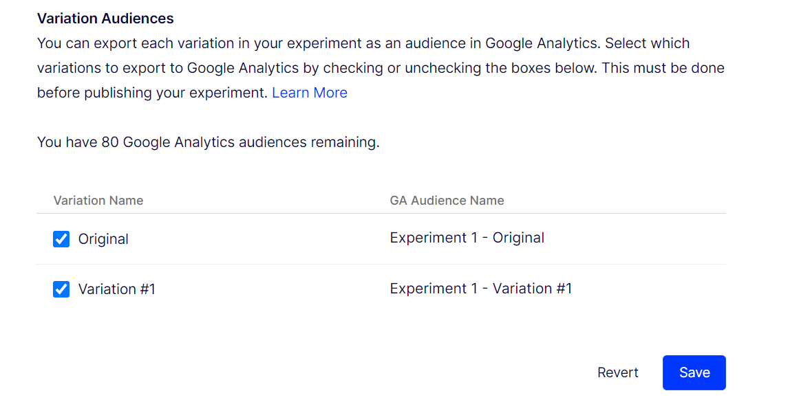 Optimizely Report Generation Variation Audiences screen with Original and Variation #1 selected for export to Google Analytics