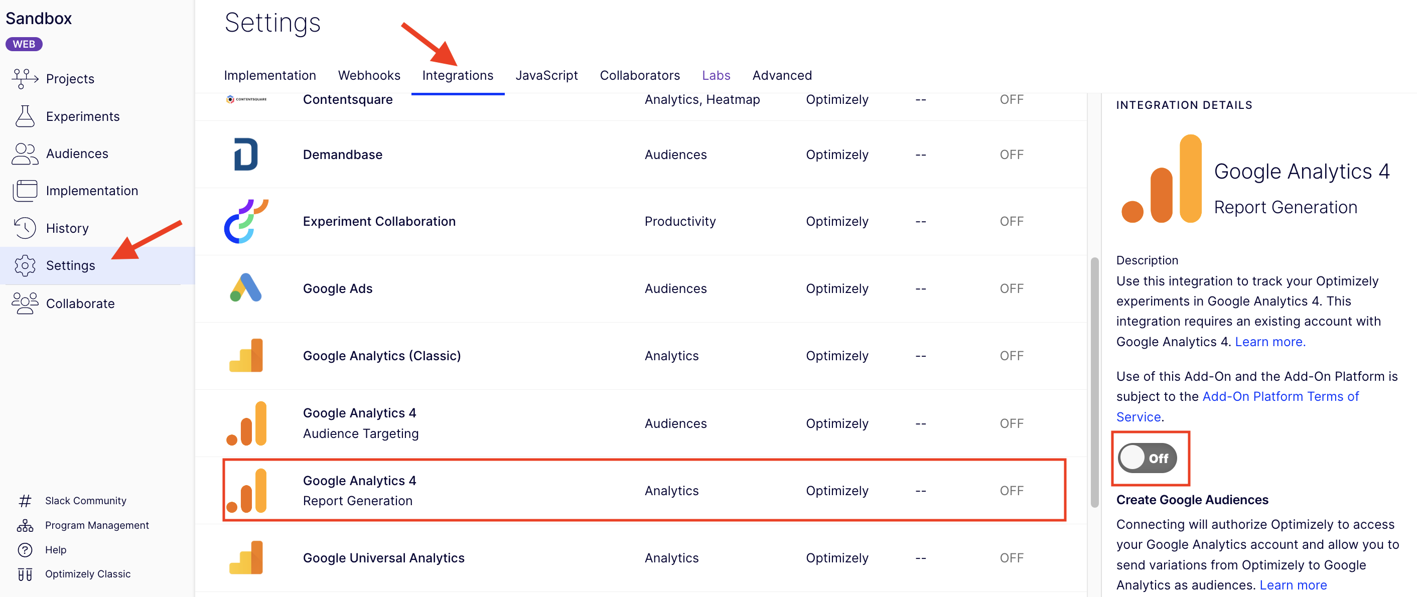 Optimizely Settings Integrations page showing the native Google Analytics 4 Report Generation integration