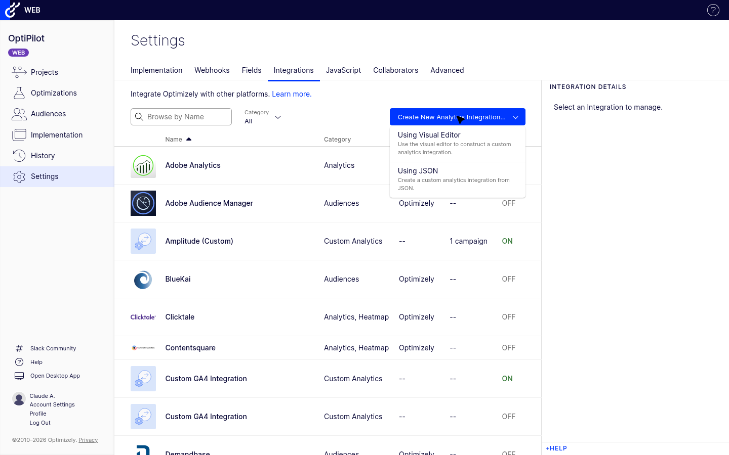 Optimizely Settings > Integrations page with the Create New Analytics Integration dropdown open, showing the Using Visual Editor and Using JSON options