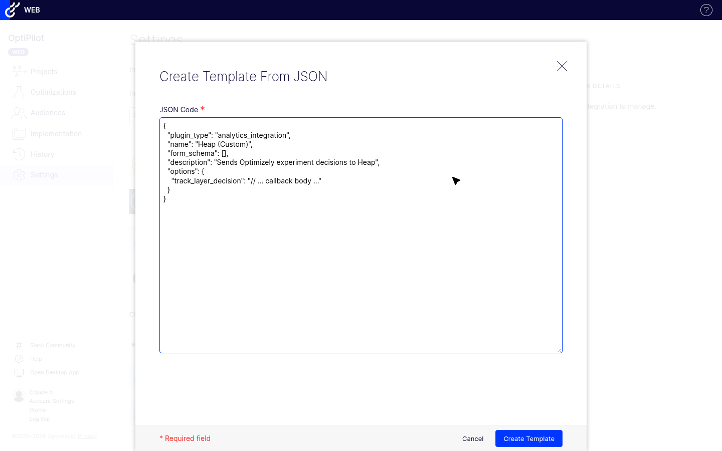 Optimizely Create Template From JSON dialog with a JSON Code textarea containing a Custom Analytics Integration template, Cancel and Create Template buttons