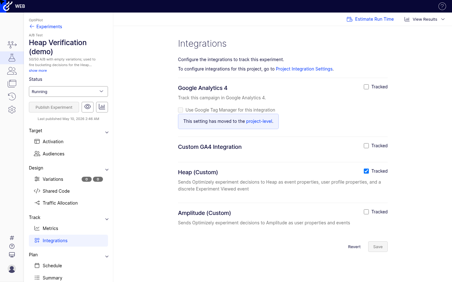 Optimizely per-experiment Integrations panel showing Google Analytics 4, Custom GA4 Integration, Heap (Custom) with the Tracked checkbox enabled, and Amplitude (Custom)