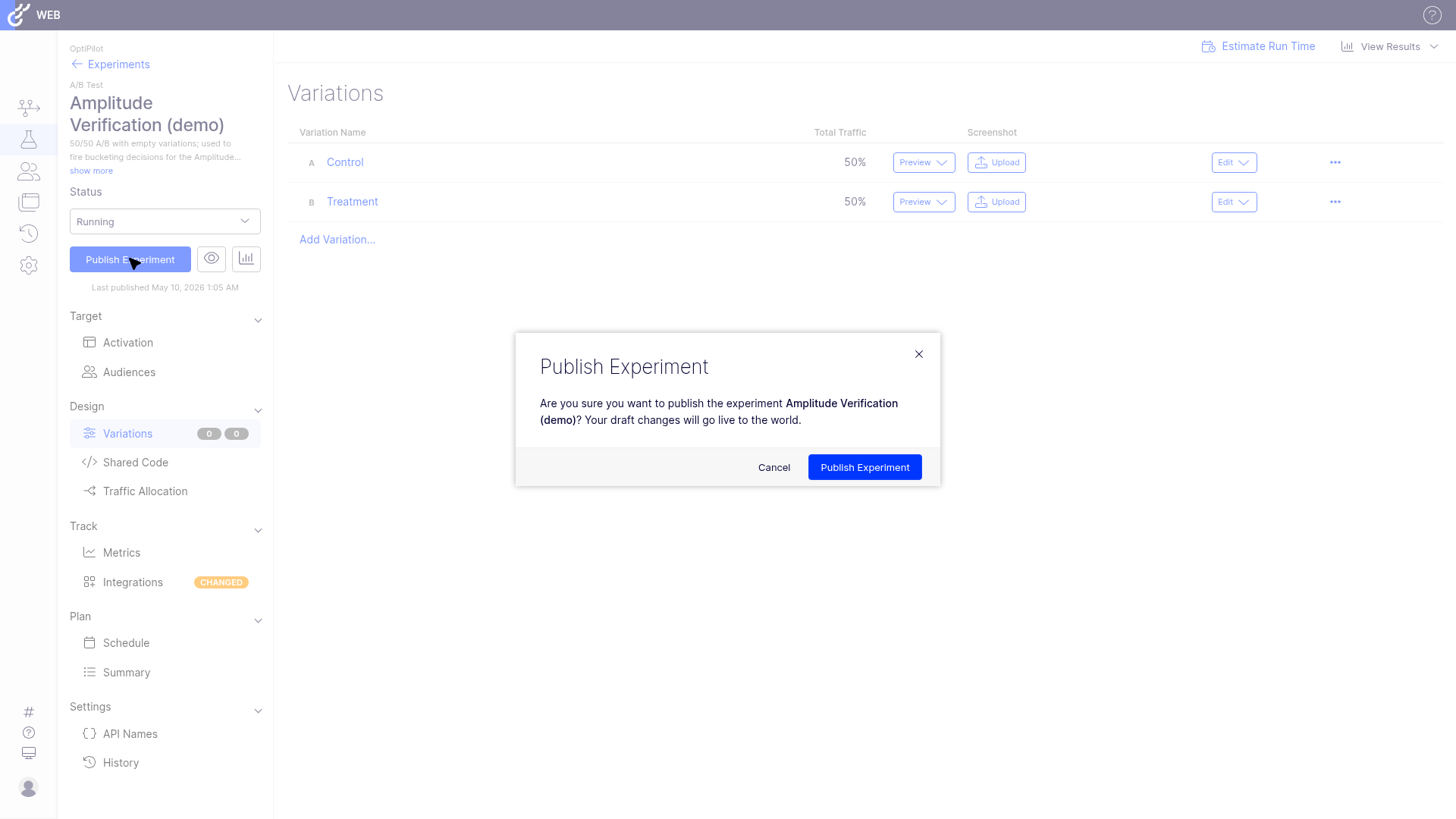 Optimizely Publish Experiment confirmation modal: Are you sure you want to publish the experiment? Your draft changes will go live to the world. Cancel and Publish Experiment buttons.