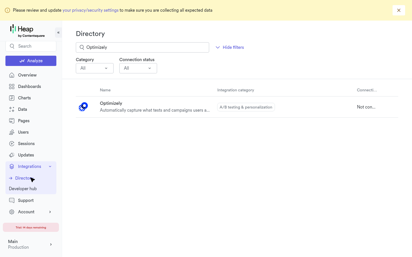 Heap Integrations Directory searched for Optimizely, showing the Optimizely integration in the A/B testing & personalization category with connection status Not connected — confirming the integration is not auto-on by default