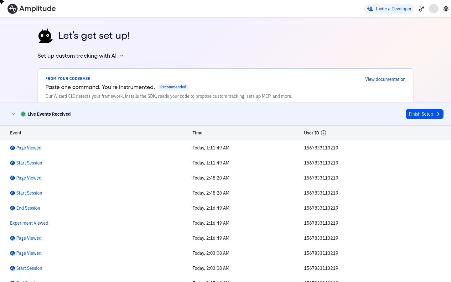 Amplitude Live Events Received showing Experiment Viewed Amplitude Live Events Received panel showing Page Viewed, Start Session, End Session, and Experiment Viewed events landing in real time, confirming the Optimizely → Amplitude integration is sending data