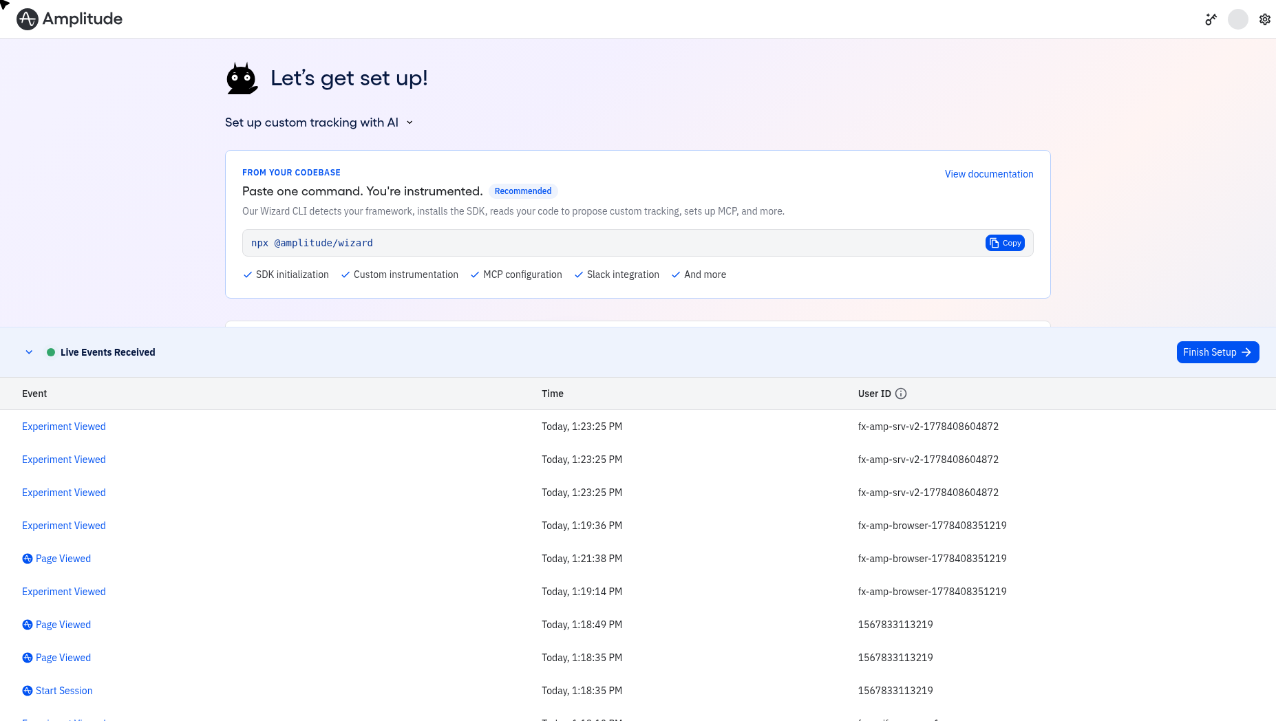 Amplitude Live Events Received showing three Experiment Viewed events from a Node Server SDK user (fx-amp-srv-v2-...), a Browser SDK user (fx-amp-browser-...), and a Python SDK user (fx-verify-py-user-1) — each tagged with the [Optimizely] homepage_hero_test user property