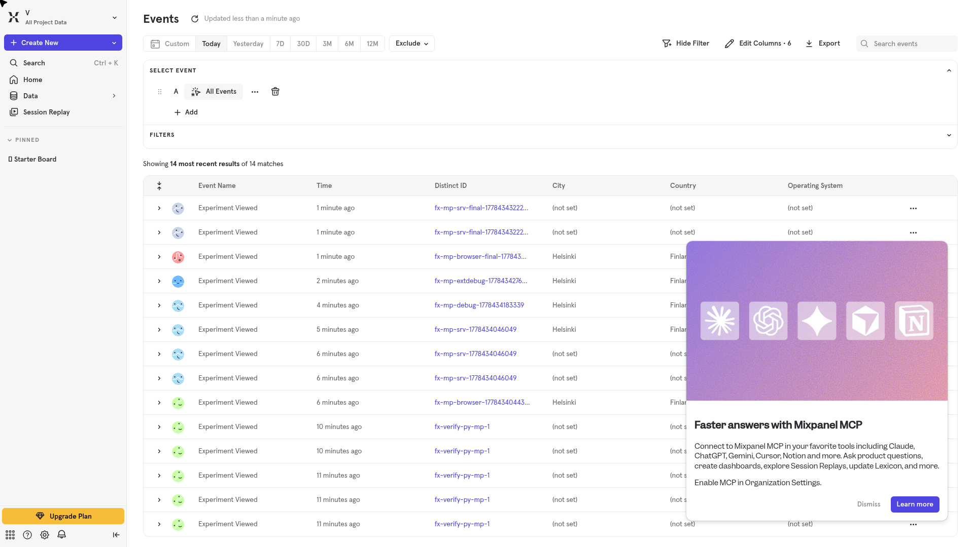 Mixpanel Events view showing 18 Experiment Viewed events from fx-mp-* users — proof the Optimizely FX → Mixpanel integration is firing track() from browser, Node server, and Python SDK paths