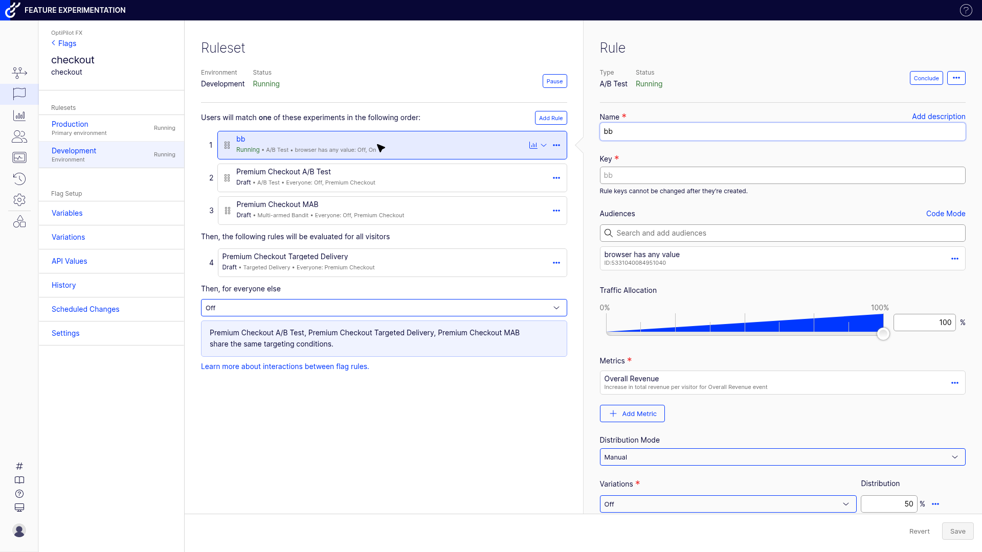 A/B test rule detail showing rule name, audience targeting, 100% traffic allocation, Overall Revenue metric, and Off/On variation distribution