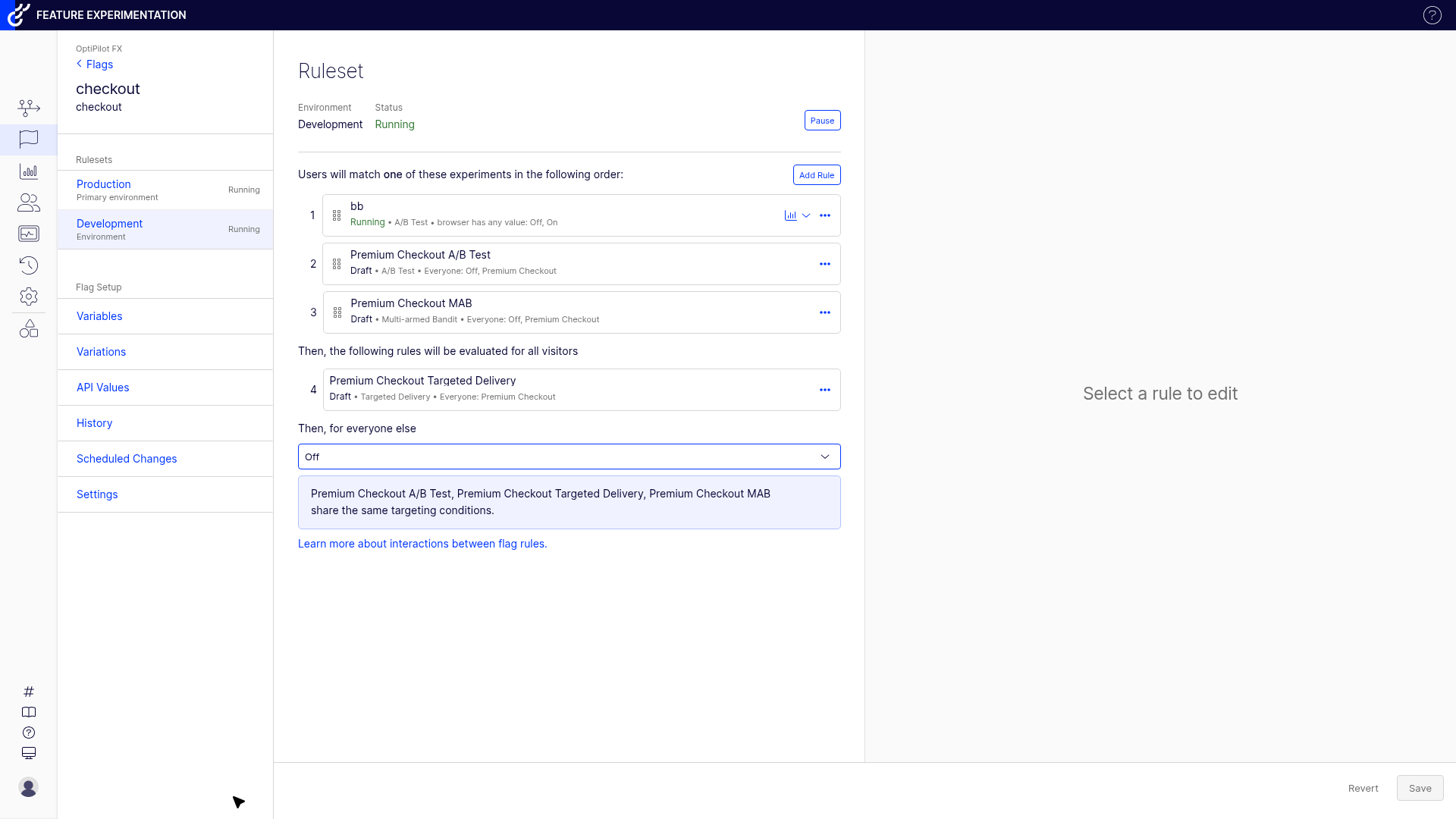 OptiPilot FX feature flag showing the checkout flag ruleset with a running A/B test rule and draft experiment rules in the Development environment